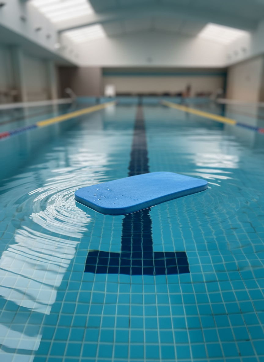 A sleek, translucent swim kickboard made of textured blue foam floats on the surface of a crystal-clear indoor pool, small ripples radiating outward. The tiled pool floor in shades of turquoise and deep navy is visible below the waterline, with lane markings leading toward a softly blurred far wall. Overhead skylights pour in diffused daylight, creating shimmering reflections that dance across the water and tiles. Photographed at eye level from the pool edge with a shallow depth of field, the kickboard is sharply in focus while the distant lanes melt into smooth bokeh. The mood is professional, calm, and focused, with photographic realism emphasizing clean lines and pristine water, perfect for a technical swimming blog header.