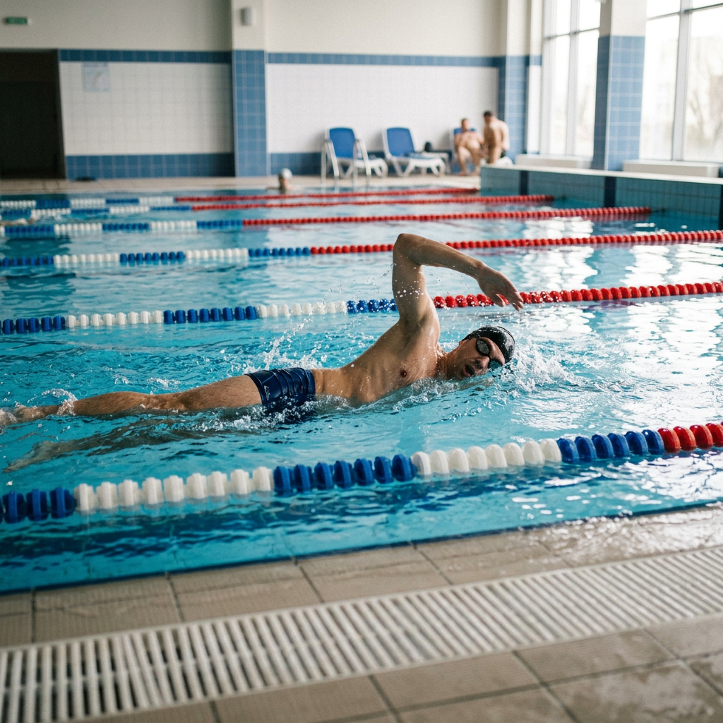 Man swimming freestyle in indoor pool with lane markers