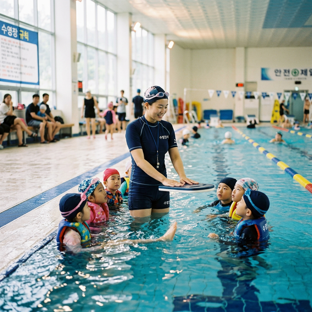 Swim instructor standing in pool with children wearing swim caps and life jackets learning to kick