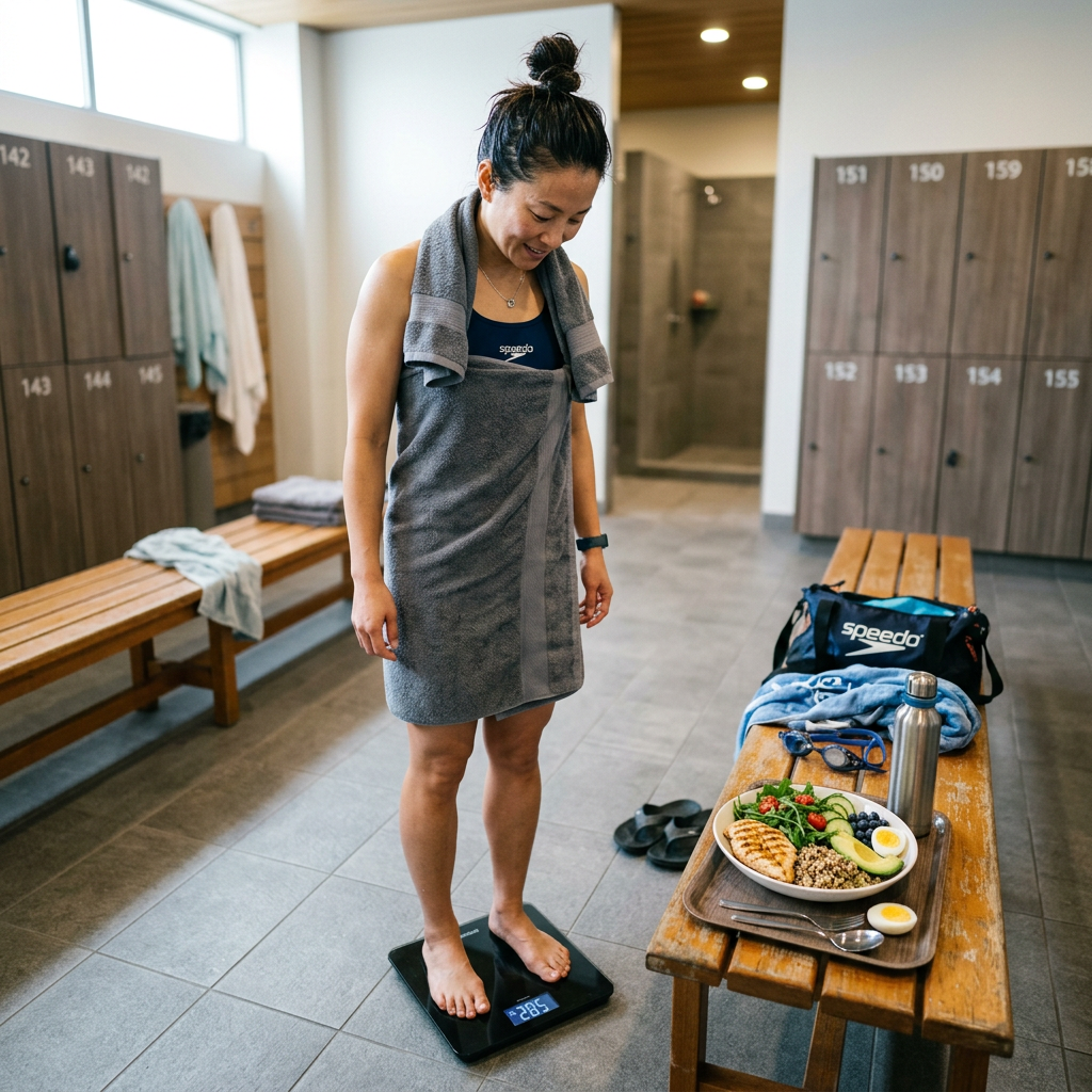 Woman in a towel standing on a digital scale in a locker room with a healthy meal and swim gear on a bench